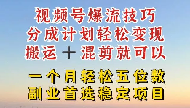 视频号爆流技巧,分成计划轻松变现,搬运 +混剪就可以,一个月轻松五位数稳定项目【揭秘】